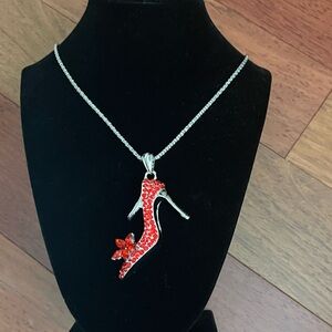 Betsy Johnson Red Sparkle Heel Pendant Necklace Silver Tone Chain